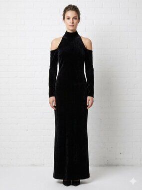 Handmade Maxi Dress Black Size XS Velvet Cold Shoulder Gown Whimsigoth Y2K Vtg